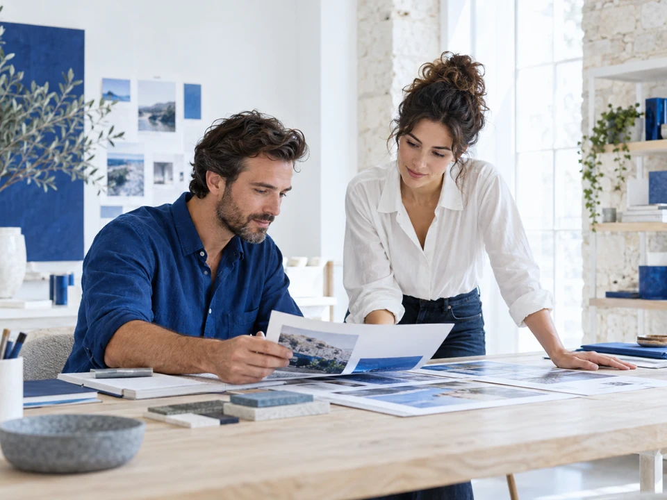 Concept image of two collaborators planning in a bright creative studio
